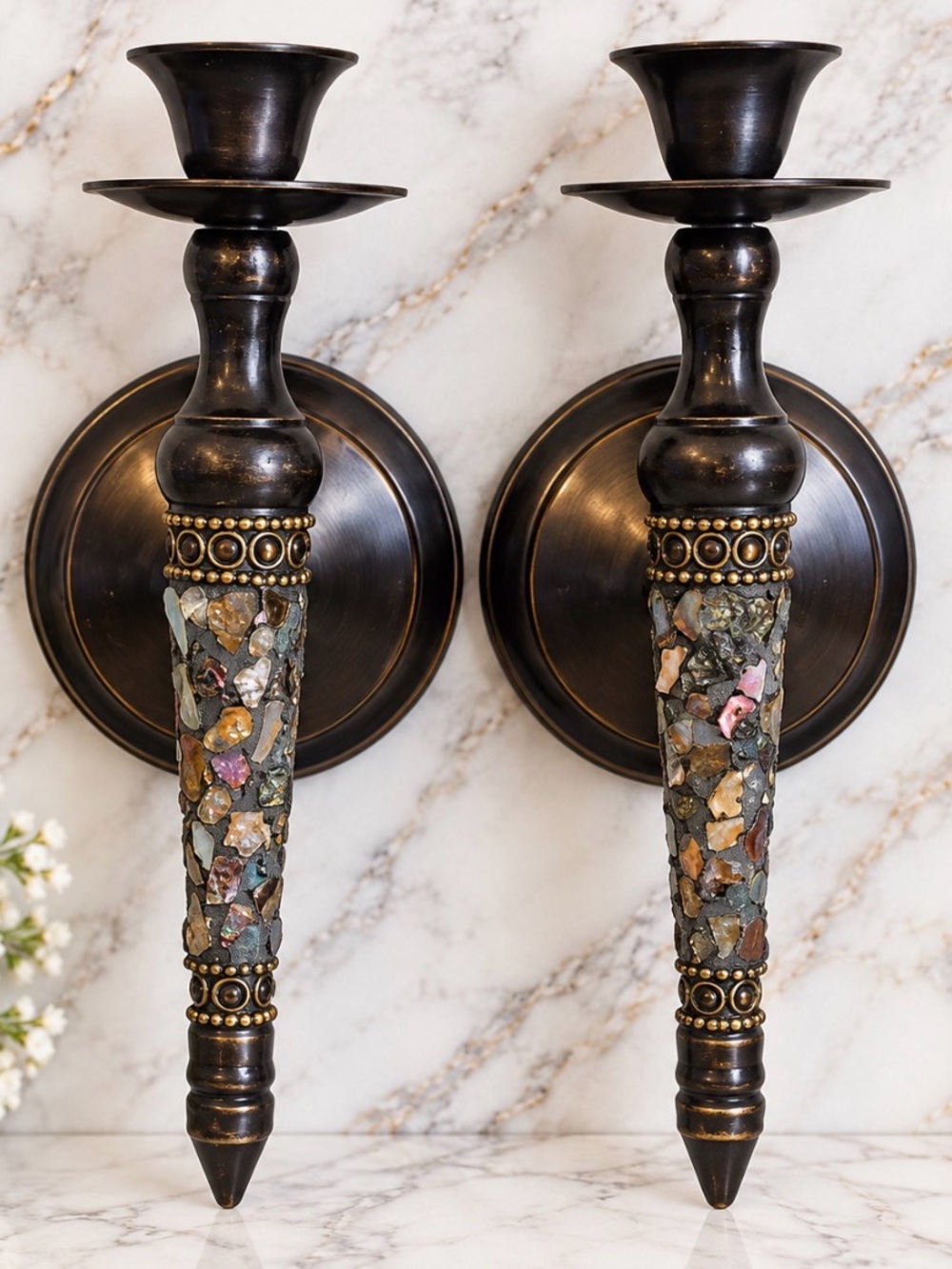 Handcrafted Black and Bronze Mosaic Wall Sconces - Pair
